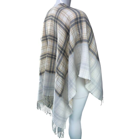 J Jill Womens One Size Poncho Sweater Wrap Plaid Acrylic Fringe Neutral Soft - Picture 8 of 14